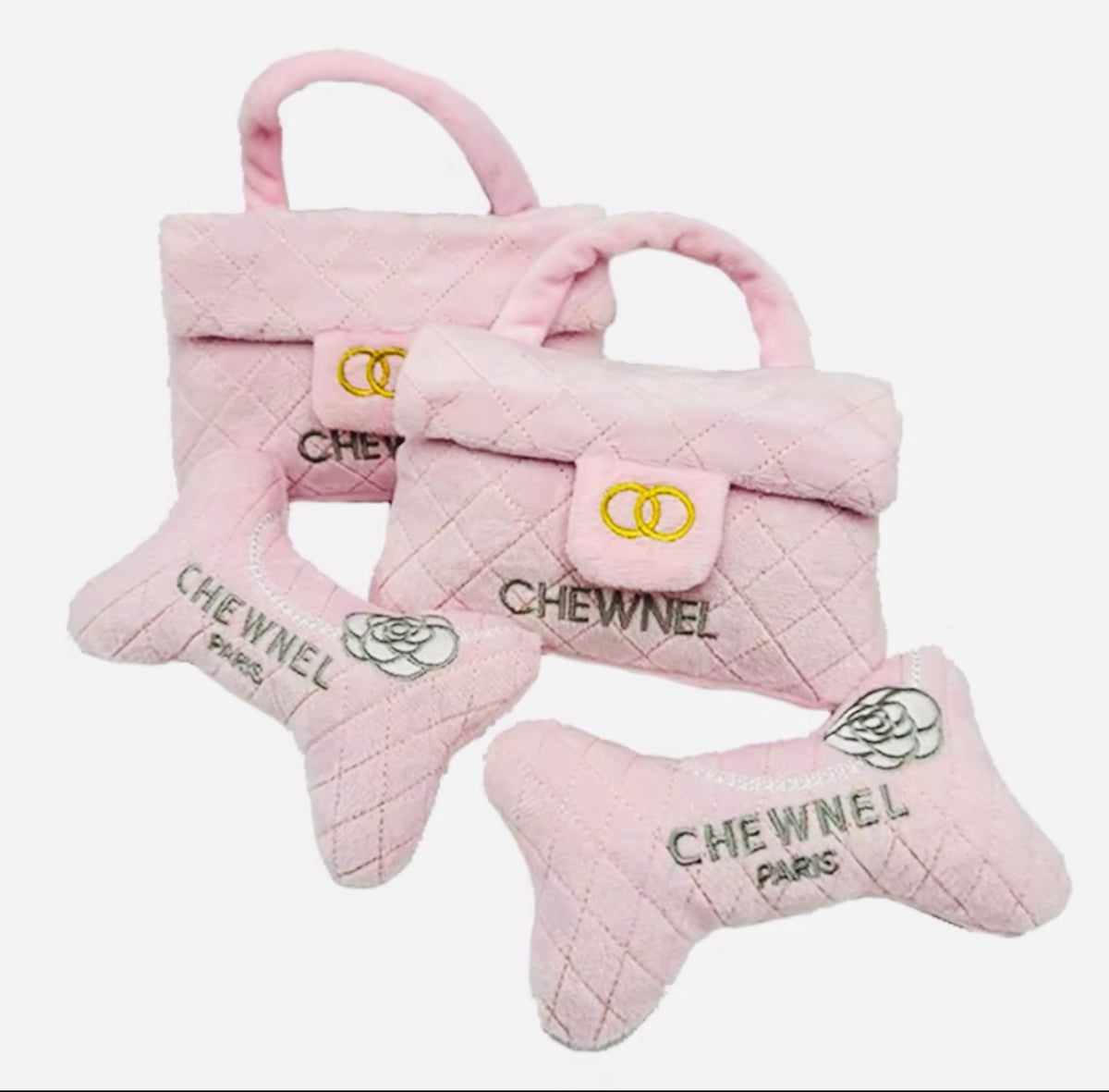 Chewnel Paris Plush Bone Squeaky Dog Toy โ Bone Pink