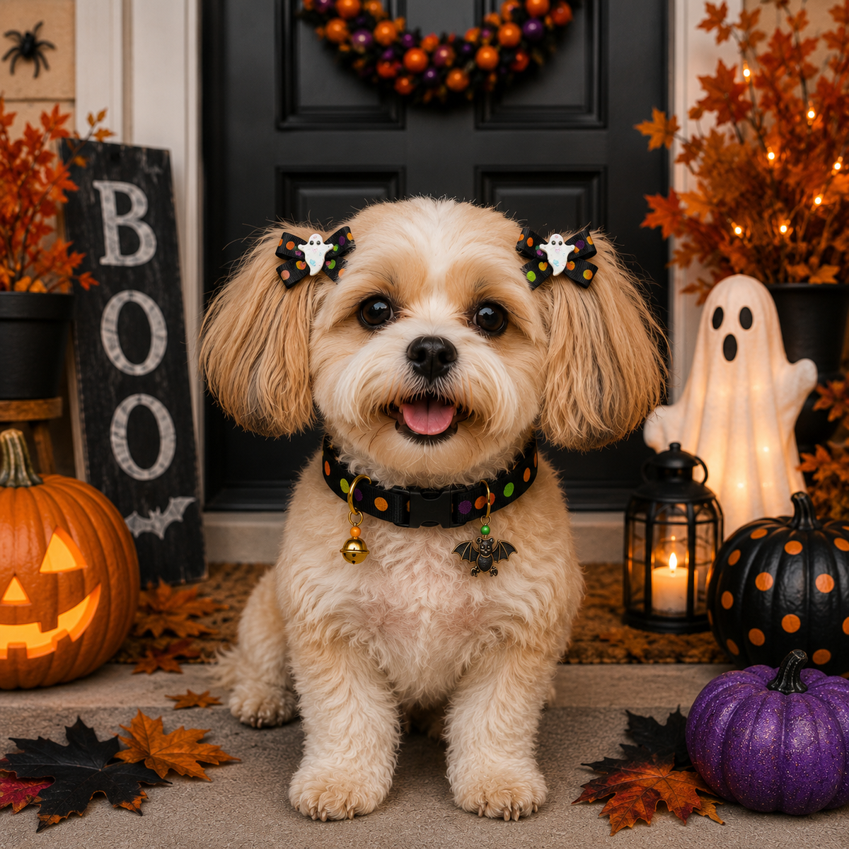 Lazo de perro con puntos de abucheo de Halloween naranja