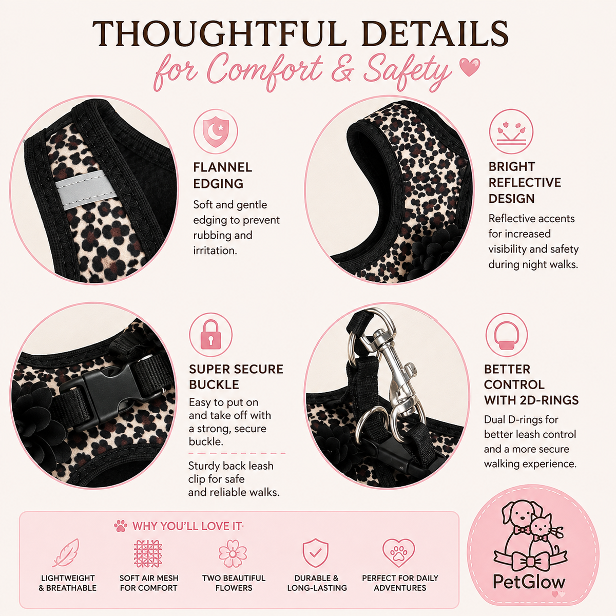 Leopard Print Unisex Dog Harness – With or Without Flowers