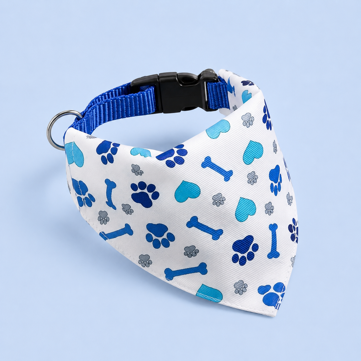 Pañuelo para perro azul con huella y hueso - Collar ajustable (pequeño y mediano)