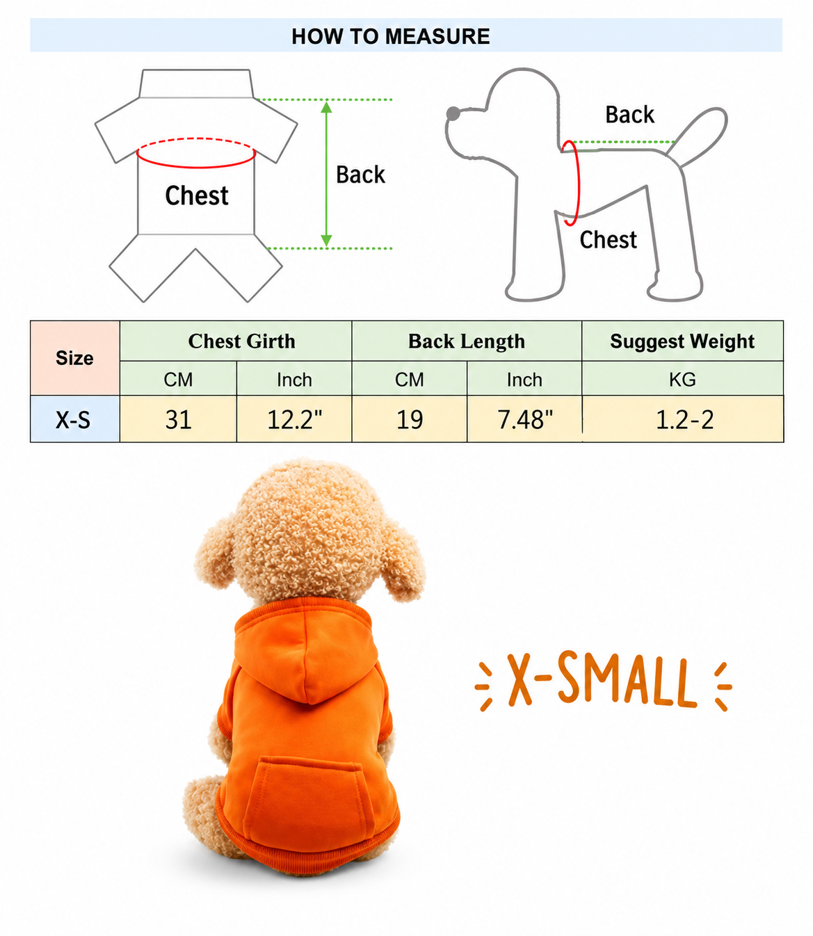 Sudadera con capucha de forro polar naranja para perro con bolsillo | Cálida sudadera para mascotas XS