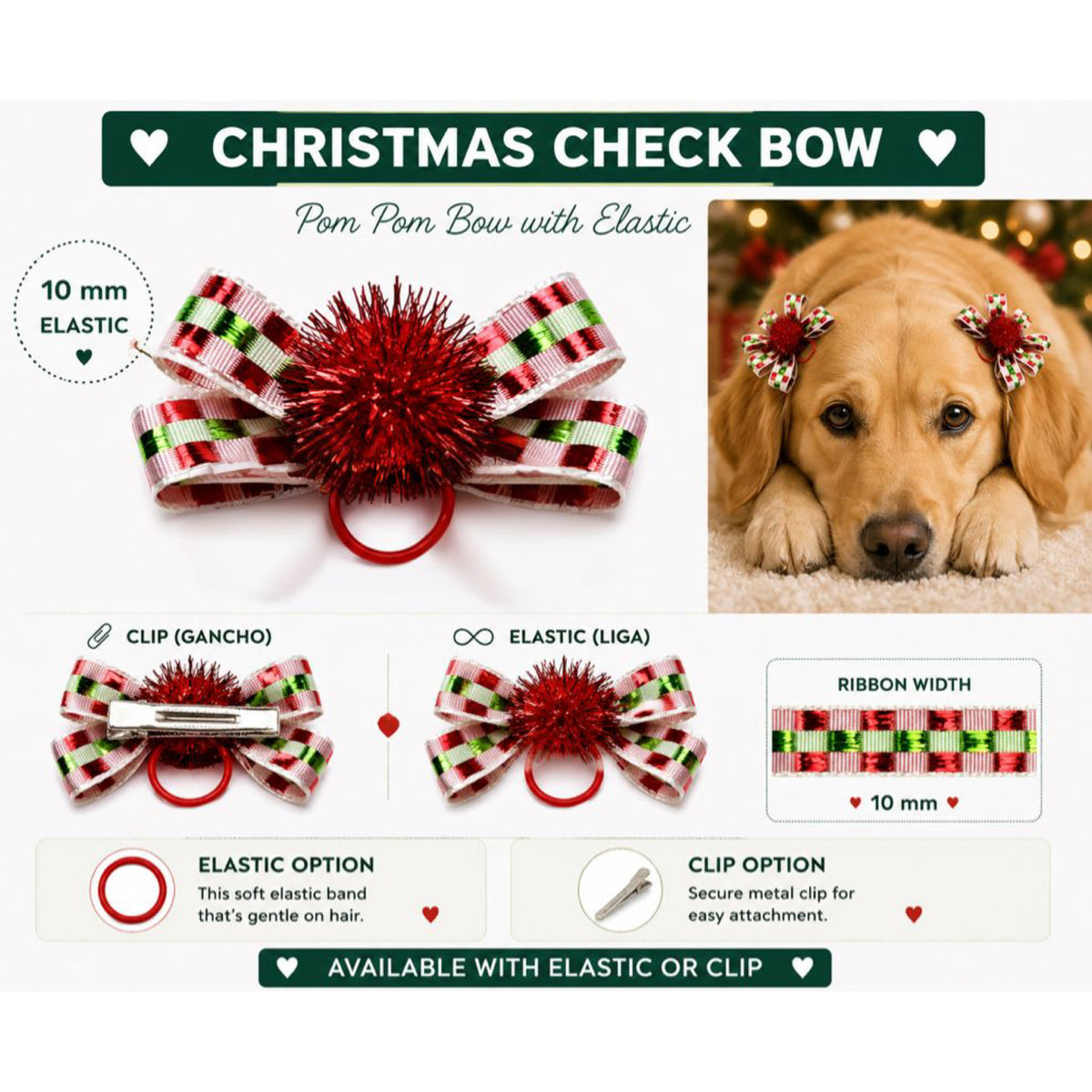 Red & Green Christmas check Dog Bow