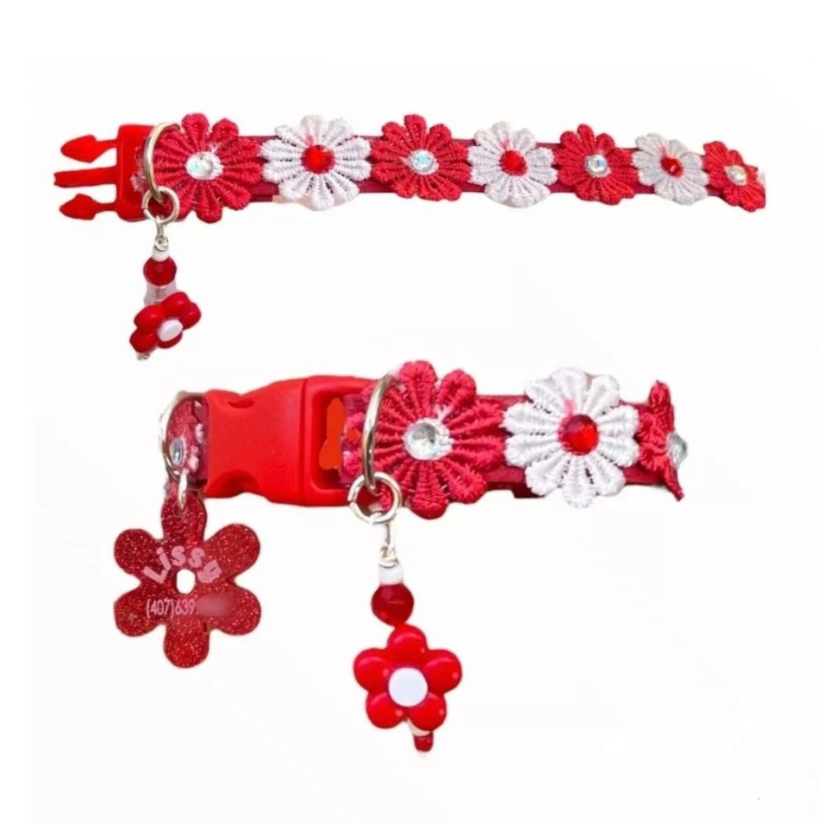 Collar para perro de flores rojas y blancas