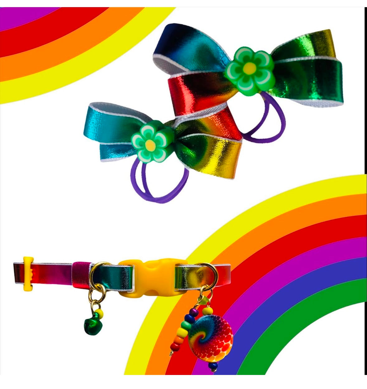 Multicolor Rainbow Flower Dog Bow
