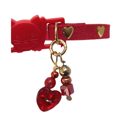 Collar con incrustaciones finas de ante rojo/corazones - Tachuelas doradas
