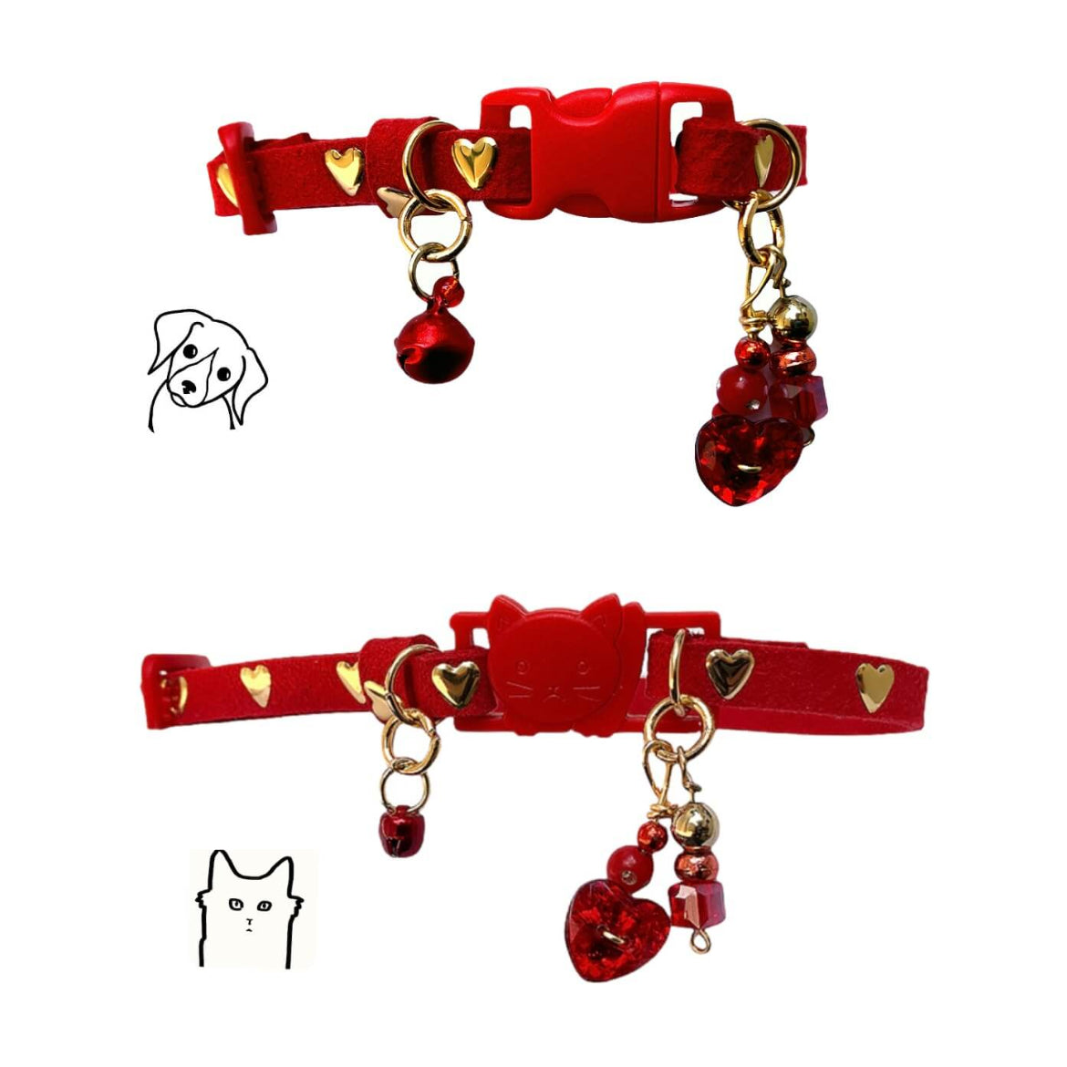 Collar con incrustaciones finas de ante rojo/corazones - Tachuelas doradas